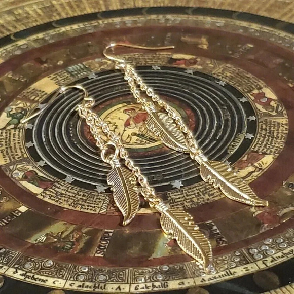 Gold Plated Double Feather Leaf Leaf Chain Drop Earrings - Picture 3 of 4